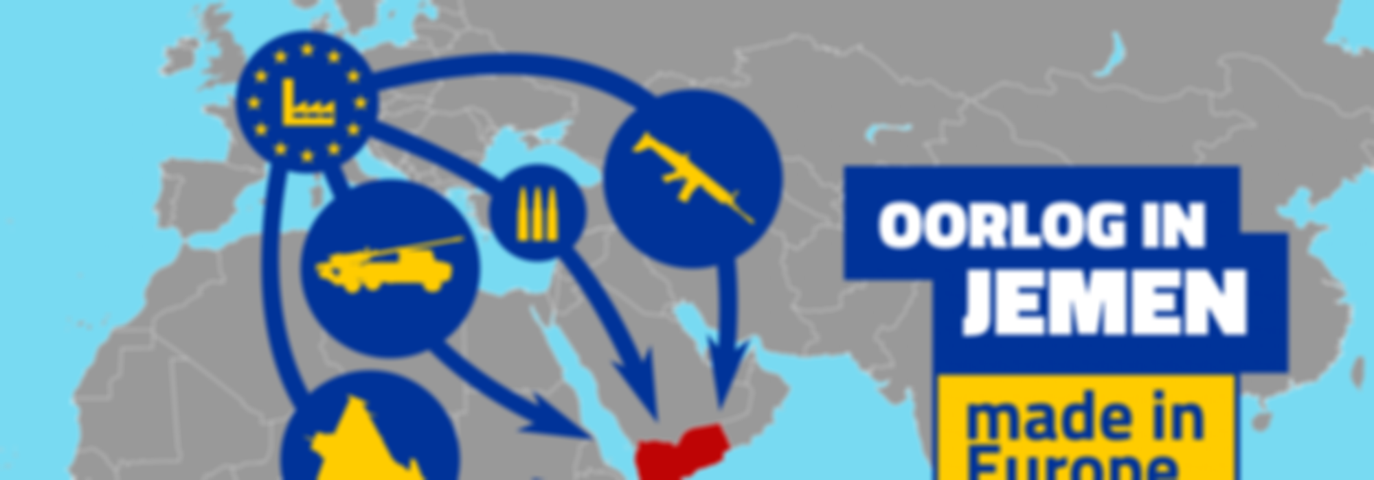 oorlog in Jemen, gemaakt in Europa, met europese landkaart en de verschillende wapens die in Europa geproduceerd worden die richting Jemen gaan. 