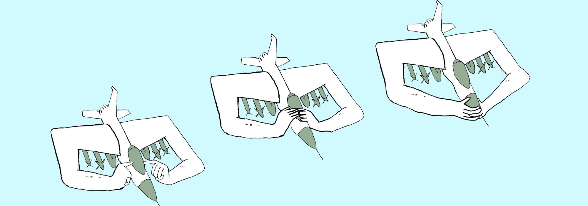 cartoon drie F16s die niet horen zien of spreken
